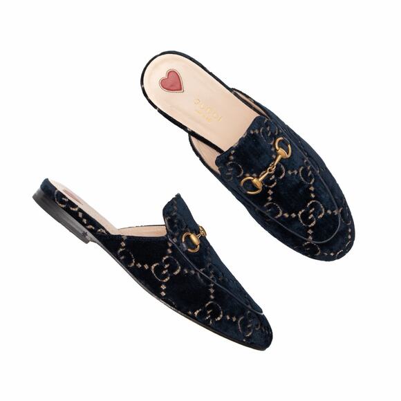 Gucci Princetown GG Monogram Blue Velvet Horsebit Mule Slides Navy 37 US7 - Picture 6 of 16